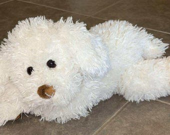 Ty Classic Rabble White Puppy Dog 15&quot; Plush Shaggy Brown Bow 2005 Laying