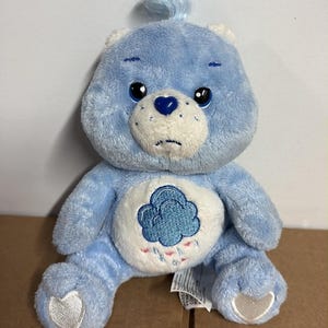 Puede incluir: Un oso de peluche de color azul claro con textura suave, que presenta un hocico blanco, una nariz azul oscuro en forma de corazón y ojos bordados. En su parche abdominal blanco hay una nube azul con gotas de lluvia y un mechón de pelo.