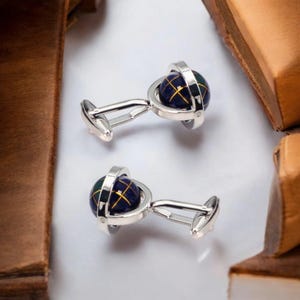 Gemelos de lujo con diseño de globo terráqueo de plata para hombre: diseño de mapamundi, accesorio único para camisas formales, para ejecutivos, negocios, bodas, etc.