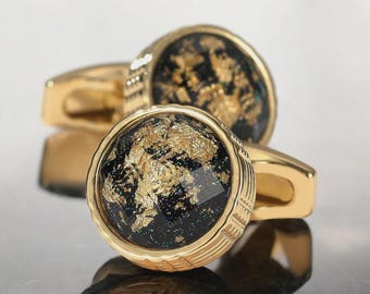 Goudkleurige en zwarte constellatie-manchetknopen, Golden Globe Earth-stekers, goudkleurige initialenmanchetknopen voor herenkostuum | Blauwe sterrenbeeldmanchetten