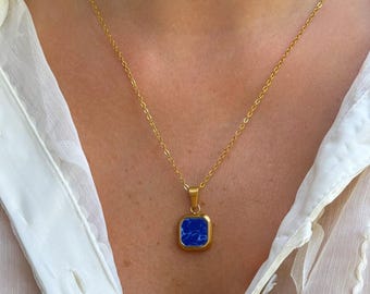 Blue Lapis Lazuli Pendant Necklace: Natural Stone,18K Gold Plated, Waterproof