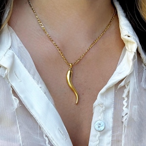 Könnte beinhalten: Eine goldfarbene Metallhalskette mit einem glatten, geschwungenen, hornförmigen Anhänger an einer feinen Gliederkette. Der Anhänger hat eine polierte, reflektierende Oberfläche und ein spitz zulaufendes Ende.