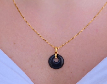 Black Obsidian Necklace: 18K Gold Pvd Plated, Waterproof, Stainless Steel ,Handmade