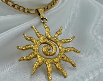 Golden Sunburst Necklace : Radiant Pendant,18K Gold PVD Plated,Stainless Steel,Hypoallergenic