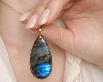 Labradorite Necklace, 18KGold Pvd Plated,Stainless Steel, Teadrop Labradorite,Women's Day Gift