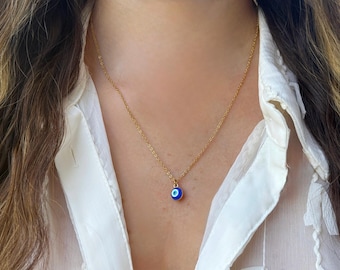 18K Gold Evil Eye Necklace, Blue Glass Amulet Pendant,minimalist jewelry,gift for her,