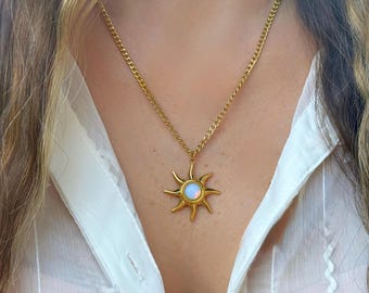 18K Gold Sun Necklace: Moonstone Celestial Pendant, Waterproof