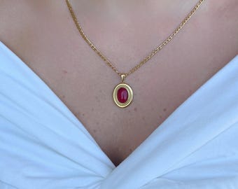 Carnelian Necklace- 18K Gold PVD Plated,Red Agate Pendant, Waterproof Jewelry