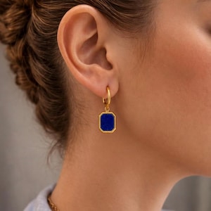 Lapis Lazuli Gold Hoop,Blue Gemstone Dangle Earrings,Waterproof Stainless Steel Jewelry,Handmade