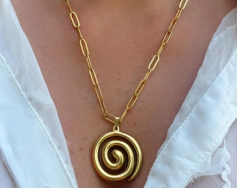 18K Gold Spiral Pendant Necklace: Waterproof Stainless Steel Jewelry