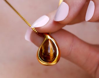 18K Gold Tiger Eye Teardrop Necklace: Waterproof Handmade Jewelry