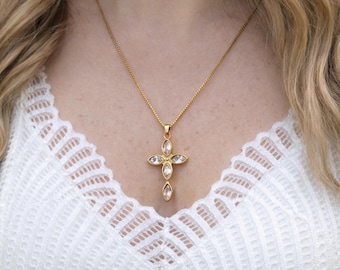 Gold Marquise Crystal Cross Pendant Necklace, Elegant Dainty Religious Jewelry (Waterproof)