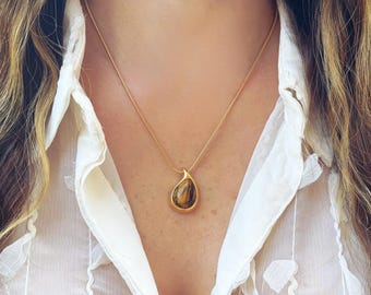 18K Gold Tiger Eye Teardrop Necklace: Waterproof Handmade Jewelry