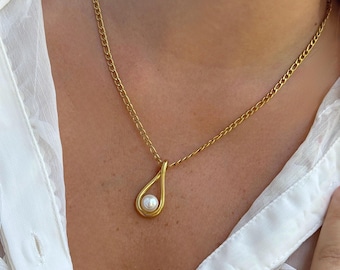 18K Gold Plated Teardrop Pearl Necklace: Waterproof Minimalist Jewelry