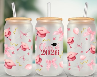 Coquette Graduation PNG Wrap – Gingham Bows Class of 2026 Cup Wrap for 16oz Glass Can – Pink Grad Cap Digital Tumbler Design (2 Sizes)