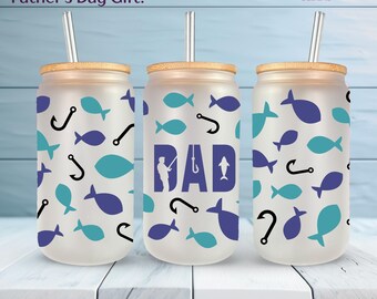 Dad Fishing PNG SVG | Father's Day Glass Can Wrap | Fisherman Dad Cup Design | 16oz Libbey Glass Wrap Sublimation | Cut File