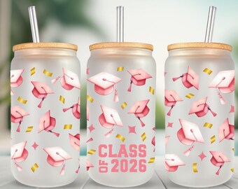 Pink Graduation Cup Wrap – Girly Class of 2025 PNG – Senior Grad Cap Sublimation Gift – Digital download for 16oz Glass Can