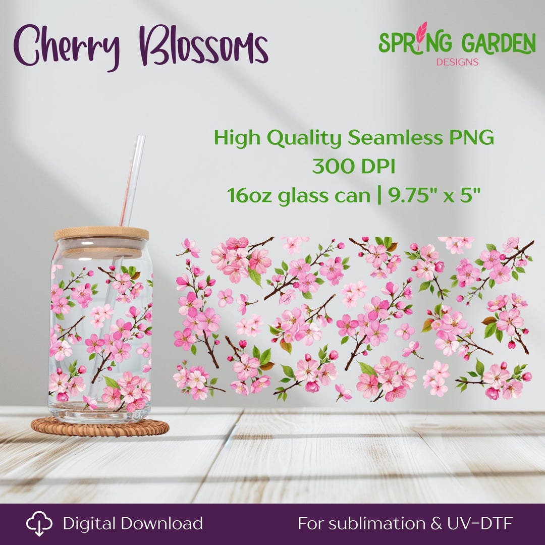 Sakura Flowers PNG Wrap for 16oz Libbey Glass Can | Cherry Blossom Cup ...