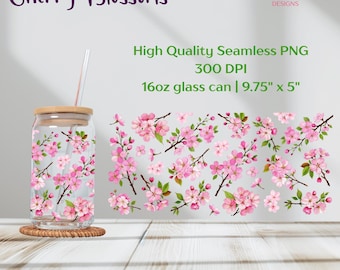 Sakura Flowers PNG wrap for 16oz Libbey Glass Can | Cherry Blossom Cup Wrap | Floral Tumbler Design for Sublimation or UV DTF | Beer Can