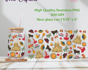 Spain Cup Wrap PNG – Spanish Icons Tumbler Design – Flamenco, Paella, Bull, Sangria, Barcelona Wrap – Fiesta Digital Download