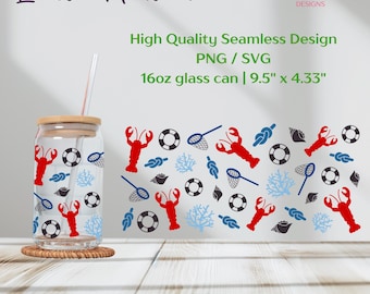 Lobster Nautical Wrap for 16oz Libbey Glass Can png | Summer Beach Cup Design | Coastal Tumbler Sipper Wrap for Sublimation, UV DTF, Cricut
