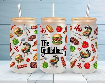 The Grillfather BBQ Cup Wrap PNG – Funny Father's Day Tumbler Wrap – Grill Master Hamburger Hot Dog Libbey Can Design – Summer Cookout PNG