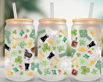 Ireland Cup Wrap PNG | Irish Cross, Celtic Knots, Claddagh ring, Harp, Flag, Guinness, Shamrocks | St Patrick’s Digital Download 16oz glass
