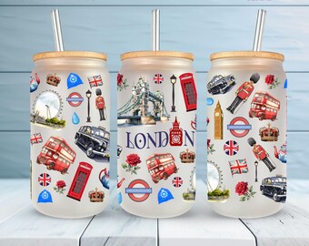 16oz Libbey Cup London Design  | Glass Can Wrap png | UK British Landmarks Red Bus Taxi Big Ben | Digital Download for UV-DTF & Sublimation