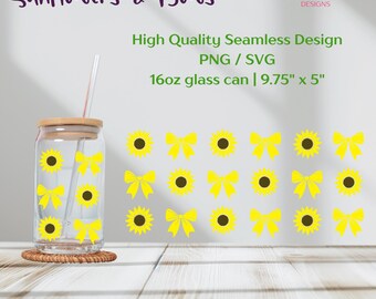 SUNFLOWER BOW WRAP | yellow sunflower png uv dtf wrap | spring floral cup wrap design | 16oz glass can wrap | Sublimation | svg Cut File