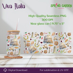 May include: A seamless digital design featuring a watercolor illustration of Italian icons, including the Colosseum, a Vespa scooter, pizza, gelato, and the Italian flag. The design is perfect for sublimation and UV-DTF printing on a 16oz glass can, measuring 9.75 inches by 5 inches.