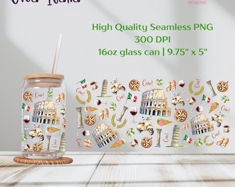 Rome Italy Libbey Glass Can Wrap PNG – 16oz Cup Wrap – Digital Download – Italian Landmark UV DTF File – Pizza Vespa Colosseum Sublimation