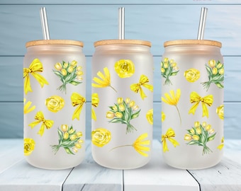 Butter Yellow Tulip Cup Wrap, 16oz Glass sipper can PNG, UV DTF Decal, Sublimation, Floral Bouquet, Coquette Bows, Summery Flower design