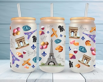 Paris Cup Wrap PNG | French Travel Aesthetic Cold Cup Design | Eiffel Tower Macarons Poodle | 16oz UV-DTF or Sublimation Digital Download