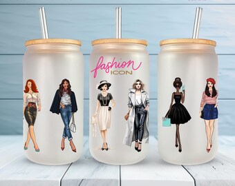 Fashion Icon PNG Glass Can Wrap | 16oz Libbey Cup Design | Chic Women Fashion Aesthetic | Digital Download | Sublimation & UV-DTF