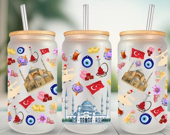 Istanbul Turkey Cup Wrap PNG, Turkish Tea Hookah Evil Eye Whirling Dervish Blue Mosque Hagia Sophia, 16oz Glass Can Sublimation Digital