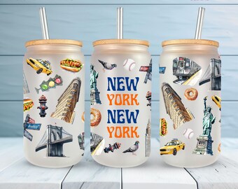 New York Cup Wrap PNG – NYC Landmarks, Taxi, Statue of Liberty, Hot Dog, Bagel Tumbler Sipper Design – City Digital Download 16oz Libbey Can