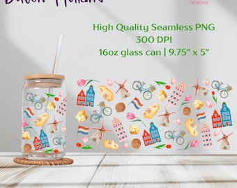 Holland Netherlands Cup Wrap – Dutch Themed PNG Tumbler Design – Windmill Tulip Bicycle Stroopwafel Print – Sublimation File for 16oz Cup