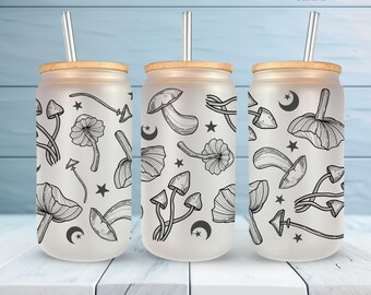 Celestial Mushroom Cup Wrap PNG SVG – Stars, Moons, Mushrooms Tumbler Wrap in Black & White and Color – Boho 16oz Libbey Glass Can Design