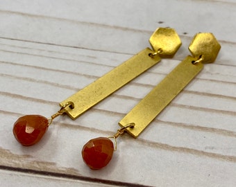 Faceted Red Aventurine Dangle Earrings: Gold Surgical Steel Posts