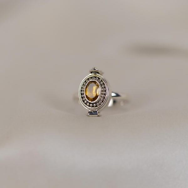 Oval Citrine Poison Ring | 925 Sterling Silver Locket Ring with Natural Gemstone Size 7