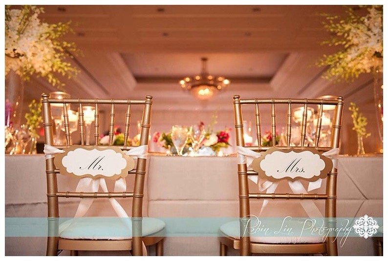 Mr And Mrs Wedding Chair Signs In An Elegant Vintage Label Image 0