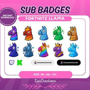 May include: A set of nine digital badges featuring a llama head in various colors and designs. The badges are labeled "Fortnite Llama" and are available in three sizes: 18x, 36x, and 72x.