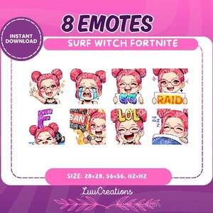Puede incluir: Un gráfico de descarga digital con ocho emoticonos que representan a un personaje de pelo rosa con gafas. Los emoticonos incluyen varias expresiones y texto como "GG", "RAID" y "LOL". También está presente el texto "SURF WITCH FORTNITE".