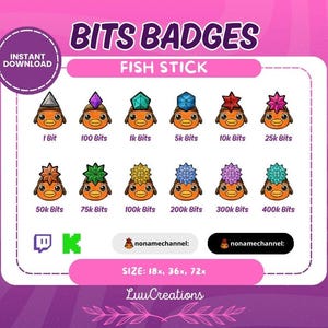 Puede incluir: Un conjunto de 12 insignias de Twitch Bits que representan un pez de dibujos animados con diferentes sombreros y coronas de colores. Las insignias están etiquetadas con el número de bits necesarios para ganarlas, que van de 1 bit a 400 000 bits. El texto "BITS BADGES" y "FISH STICK" se encuentra en la parte superior de la imagen.
