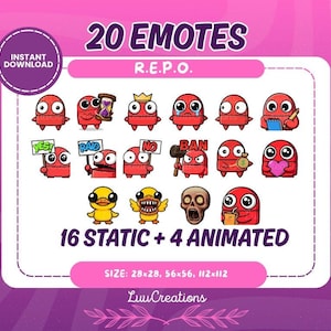 May include: A set of 20 animated emotes featuring a red character with different expressions and actions. The emotes are labeled "R.E.P.O." and include phrases like "Yes!" and "Raid". The image also states that there are 16 static and 4 animated emotes, with sizes of 28x28, 56x56, and 112x112 pixels.