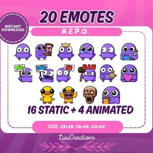 May include: A digital art print featuring 20 emotes in a variety of expressions. The emotes are purple with large eyes and are holding various objects. The text reads "20 EMOTES" and "16 STATIC + 4 ANIMATED". The size is 28x28, 56x56, 112x112.