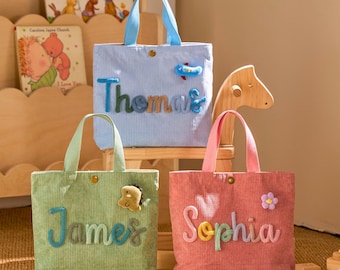 Personalized Corduroy Name Tote – Custom Toddler Bag, Back to School Bag, Book Bag for Kids, Handmade Baby Gift, Nursery or Birthday Present