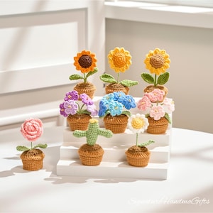 Set de regalo de flores de crochet hechas a mano: mini flores de hilo en jarrón o maceta, un bonito regalo de cumpleaños o del Día de la Madre para mamá, hermana o amiga.