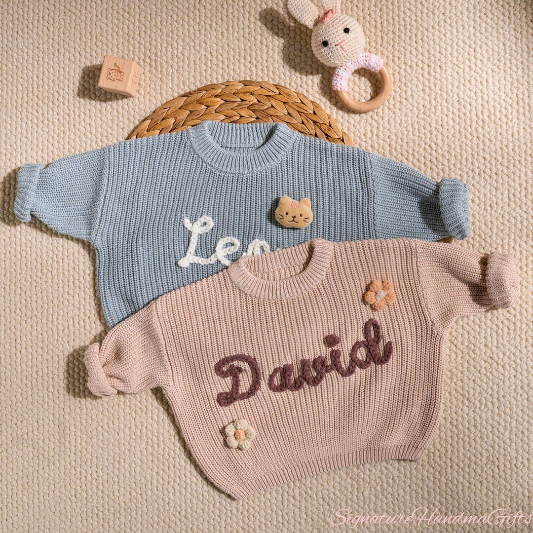 Custom Name Baby Sweater - Hand Embroidered Christmas Jumper - Toddler Knit Pullover - Toddler Christmas Gift - Festive Outfit for Kids