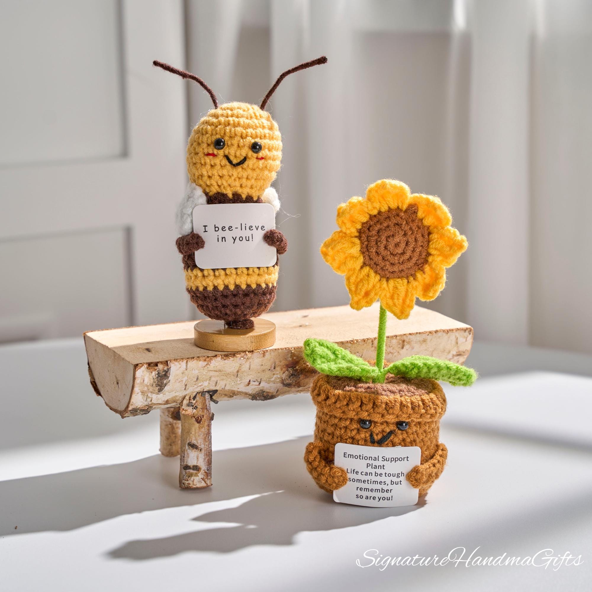 Crochet Bee & Sunflower Set – Emotional Support Plush, Motivational Gift, Teacher Desk Decor, Back to School Encouragement Set
